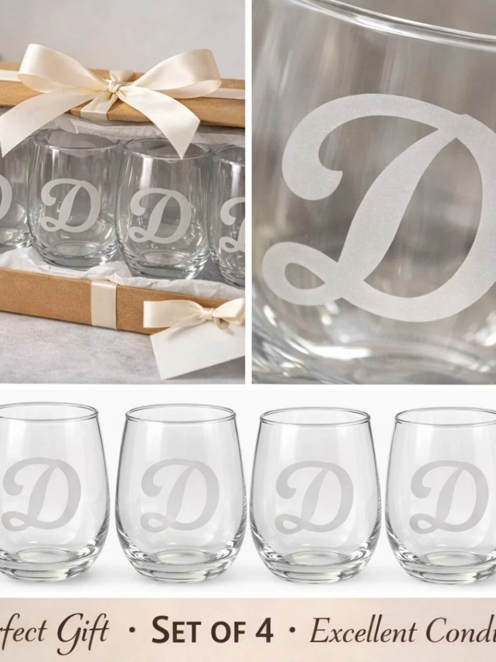 Hand‑Etched Monogram Glass Set – Set of 4